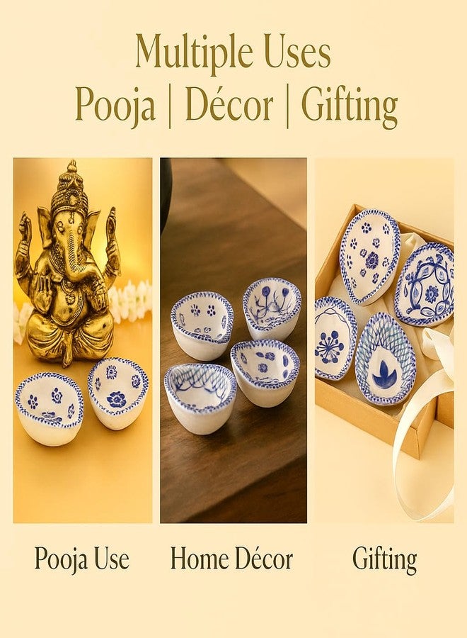 Indian-Shelf IndianShelf 6 Piece Diwali Diyas Blue and White Puja Oil Lamp Ceramic Diya Deepam Deepak Blue Pottery Bulk Diwali Gifts Home Temple Puja Articles Mandir Decor Diwali Housewarming Return Gift - Image 5